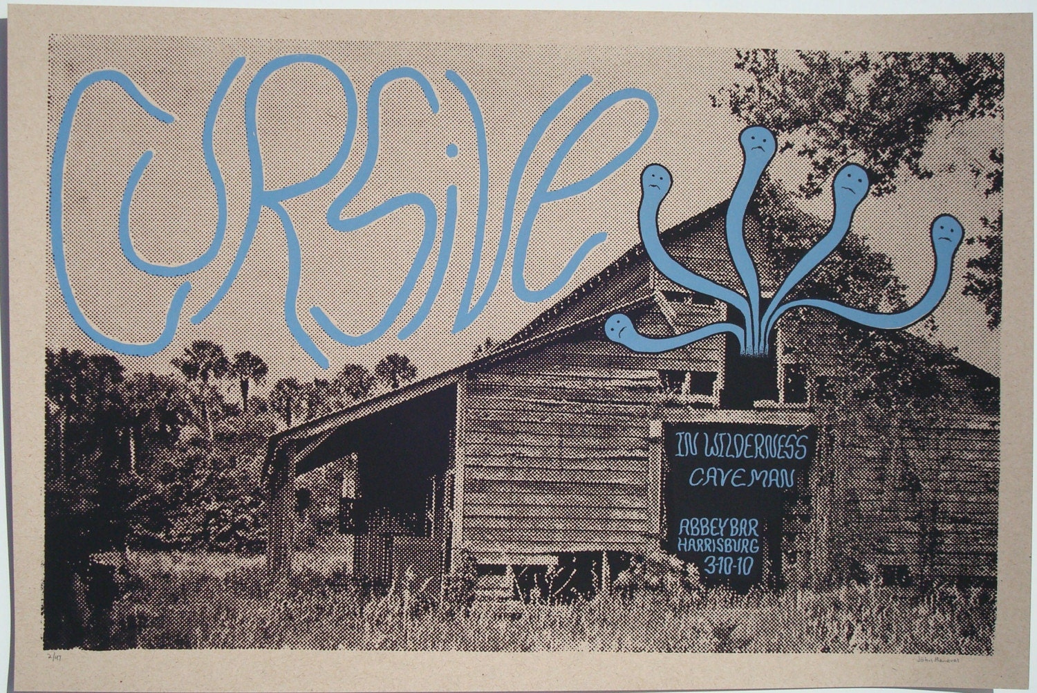 Cursive screenprinted gigposter