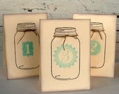 mason jar wedding table signs,  table tent, double sided custom color and tie, rustic, set 10