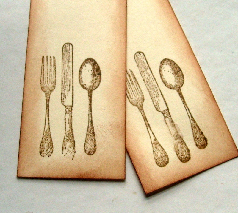 rustic holiday placecards, homemade food labels, silverware, fork, knife, spoon, set of 12