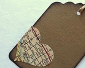 Travel luggage tag, small favor destination, recycled Map Heart, set of 12