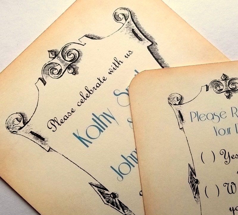Vintage invitation suite, scroll, rsvp, envelopes, sepia,  custom color set of 15