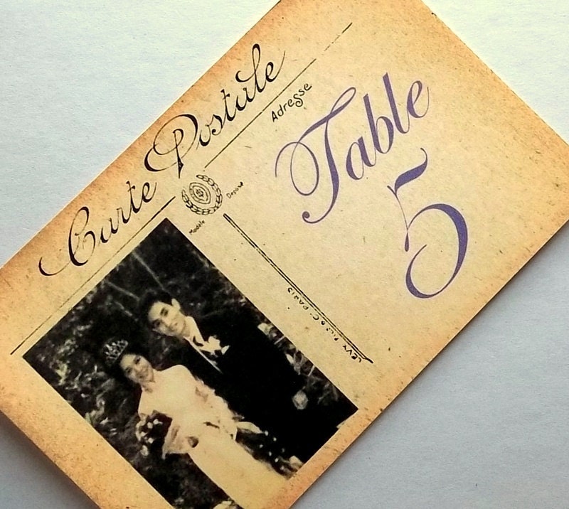 photo table sign, travel table name card, postcard, vintage, your personal photo added, custom color, set of 10