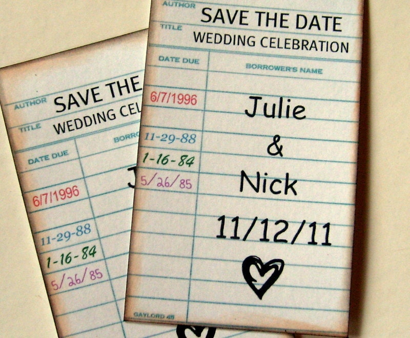 Library card Save The Date, vintage rustic, custom, set 12