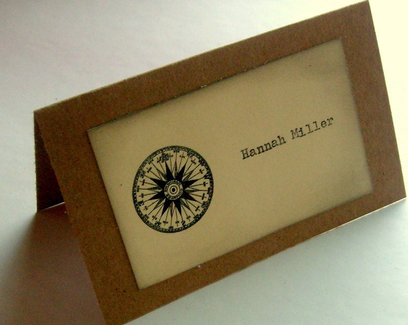 Custom  place cards, Destination, Travel, Shabby chic,  hand typed names, compass, set 9