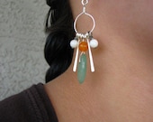 Bohemian Orange Jade - Aventurine Shell and Silver Danlge Earrings