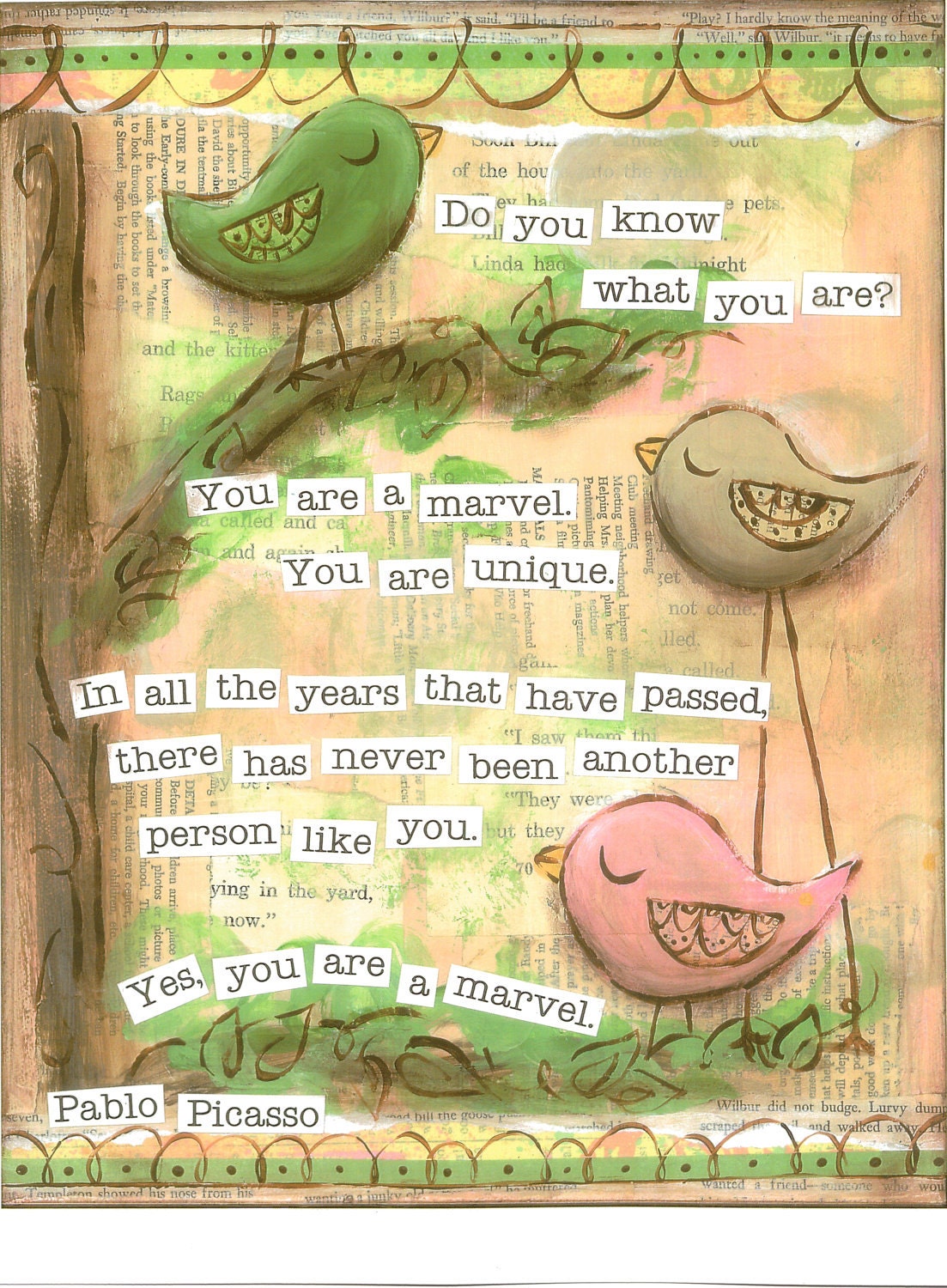 Inspirational Art, You are a Marvel Birds in pink, Pablo Picasso, 8 x 10 Fine Art Print