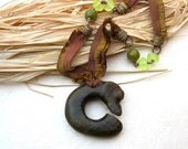 Silk Ribbon Necklace, Long Pendant Necklace with Jade Dragon Pendant,  Brown Olive Yellow Asian Tribal Jewelry OOAK