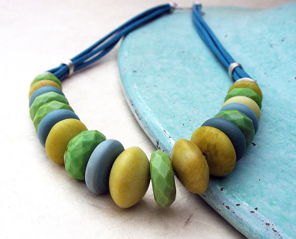 Turquoise Leather Necklace, Green Yellow Jade Turquoise Sterling Silver, Beaded Rustic Leather Cord Jewelry