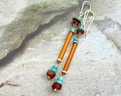 Long Sleek Minimalist Dangle Earrings, Genuine Amber, Turquoise, Sterling Silver