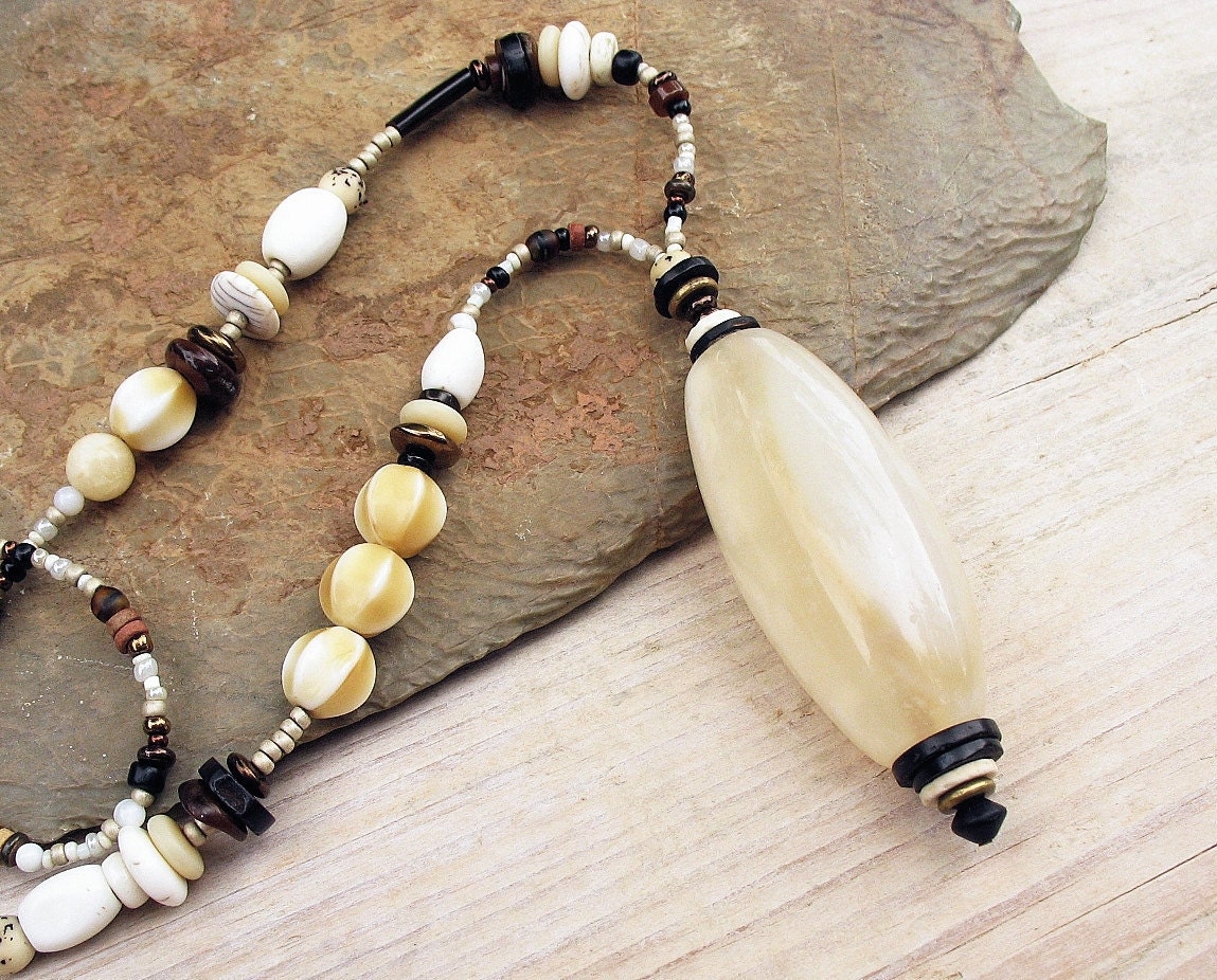 Tribal Pendant Long Necklace Big African White Agate Trade Bead Seed Beads Chain Ethnic Jewelry - BacaCaraJewelry