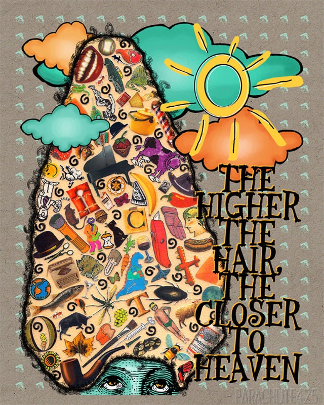 The Higher The Hair, 8x10 digital print, beauty shop humor, bright multicolor collage, tangerine turquoise gray