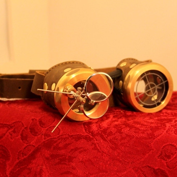 Steampunk goggles brass and brown with magnifier lenses