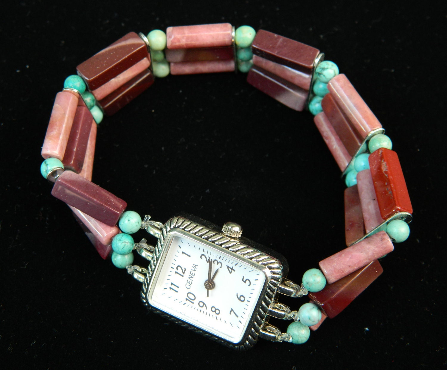 Watch with Mookite, Jasper and Turquoise Beaded Band