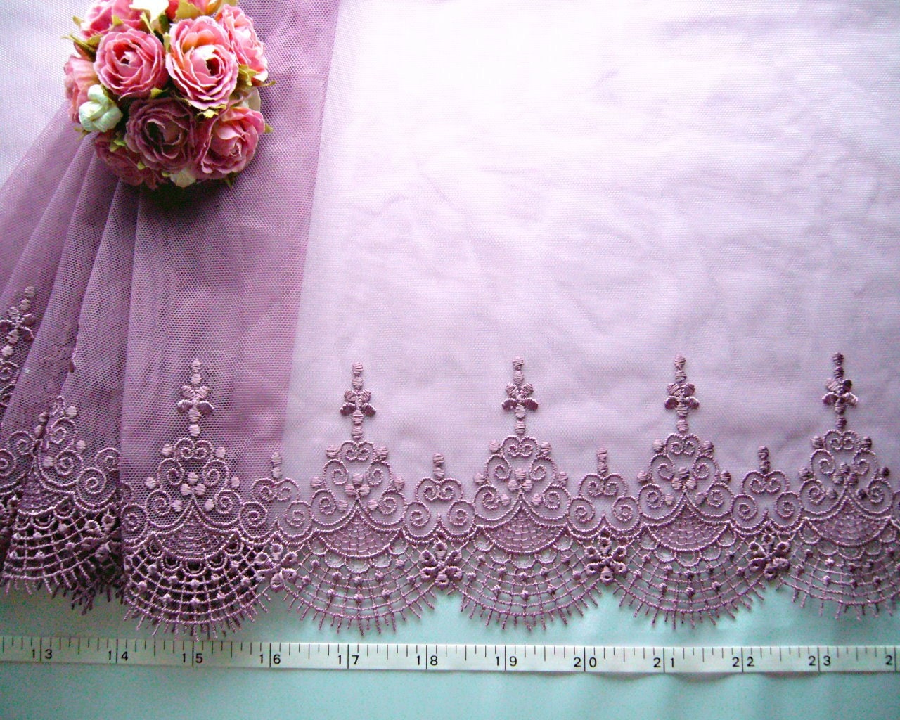 Embroidered lace, antique violet tulle net trim 1 1/2 yards VT076
