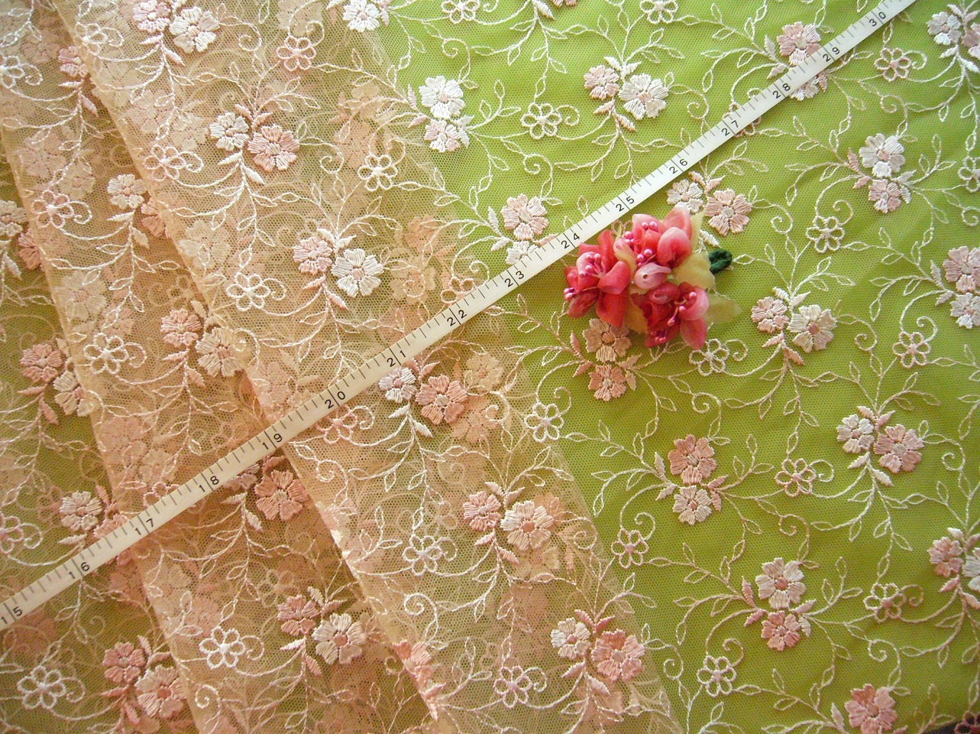 Embroidered tulle fabric brown net pink and ivory flowers 50" x 28" FB022