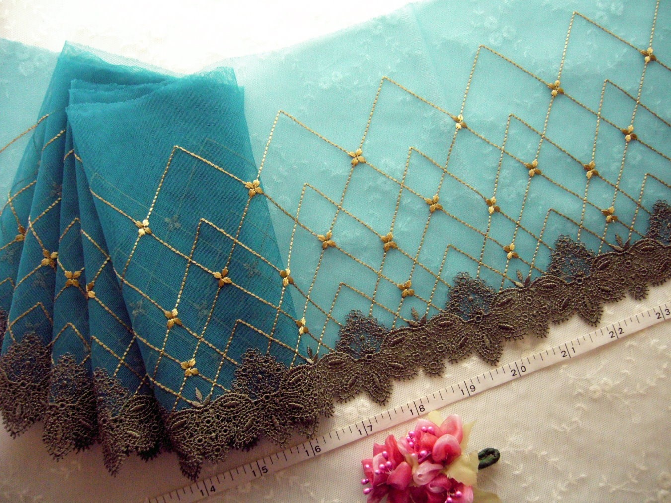 Peacock Blue lace trim antique embroidery design 3 yards BL062