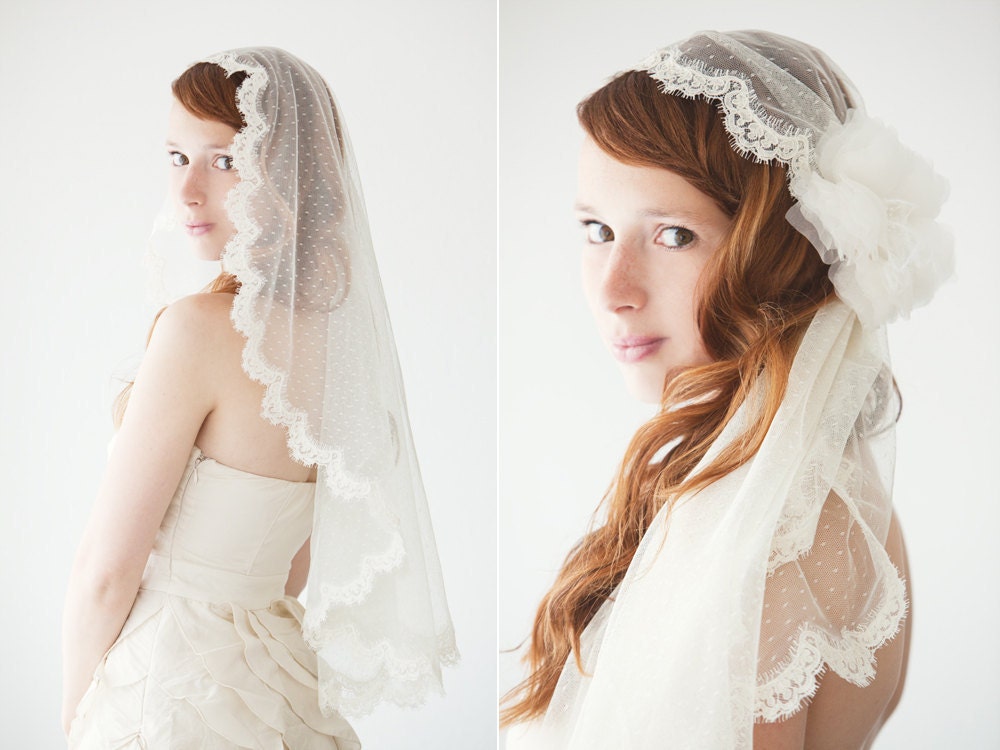 Wedding Veil, Bridal Veil, Lace, Point d'Esprit, Mantilla Veil, Hip Length - Lovely - Made to Order