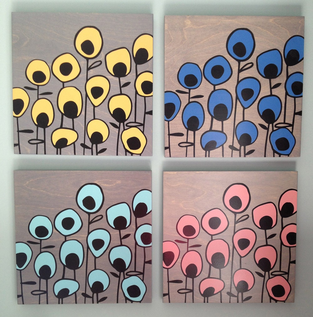 Set of 4 Poppy Poppies - Original Prints on Grey stained wood-customize your colors