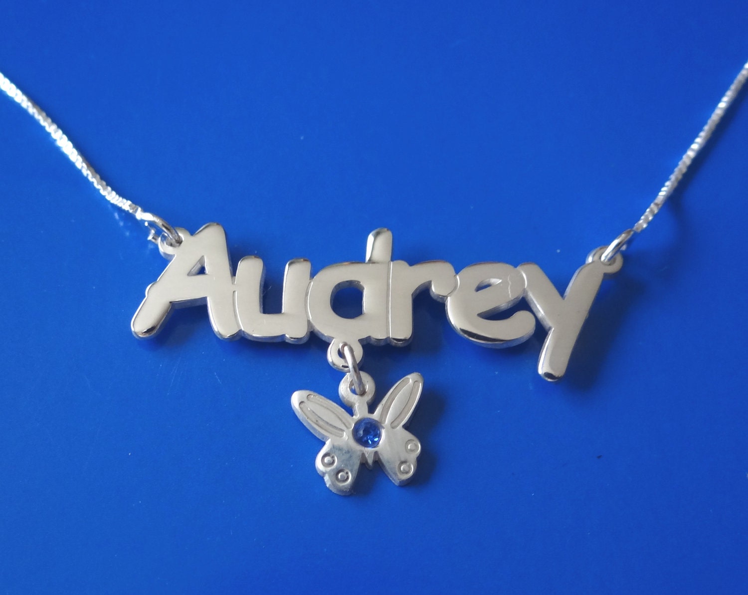 Cartoon Font Name Necklace with Swarovski Birthstone and dangling charm butterfly, double thick silver, names up to 13 letters