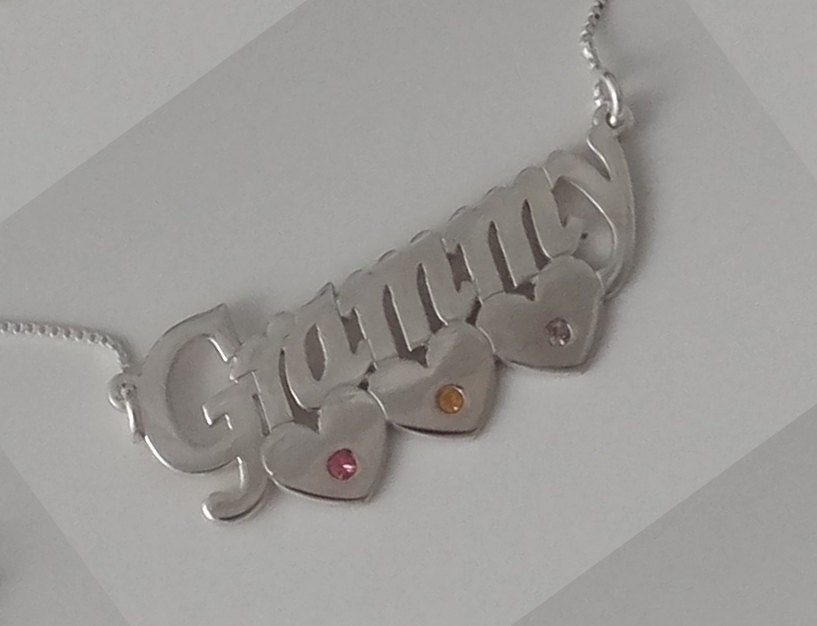 Mother Gramma Name Necklace with Swarovski Birthstone and Hearts, double thick silver, names up to 13 letters