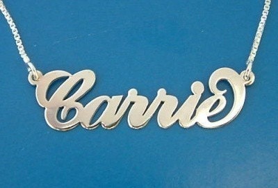 Carrie Name Necklace Silver, Any Name up to 7 letters, small script, chain included