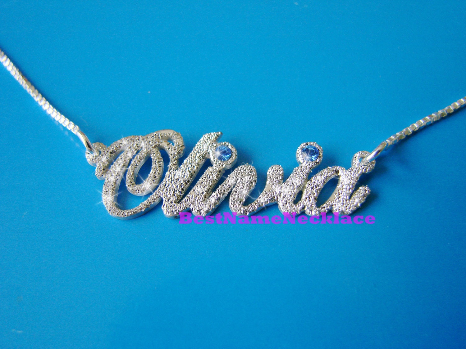 Carrie Name Necklace with Sparkling Shiny finish, double thick silver, names up to 10 letters