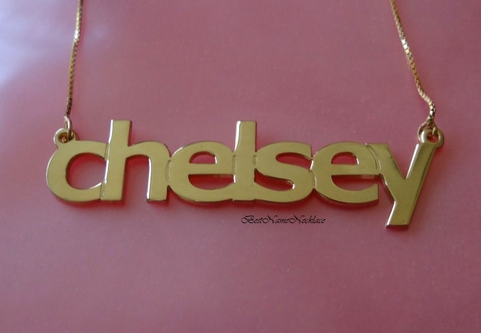 Double Thick All Lower Case (or with one uppercase) Name Necklace up to 13 Letters, solid sterling silver with 14k gold plating,verdana font