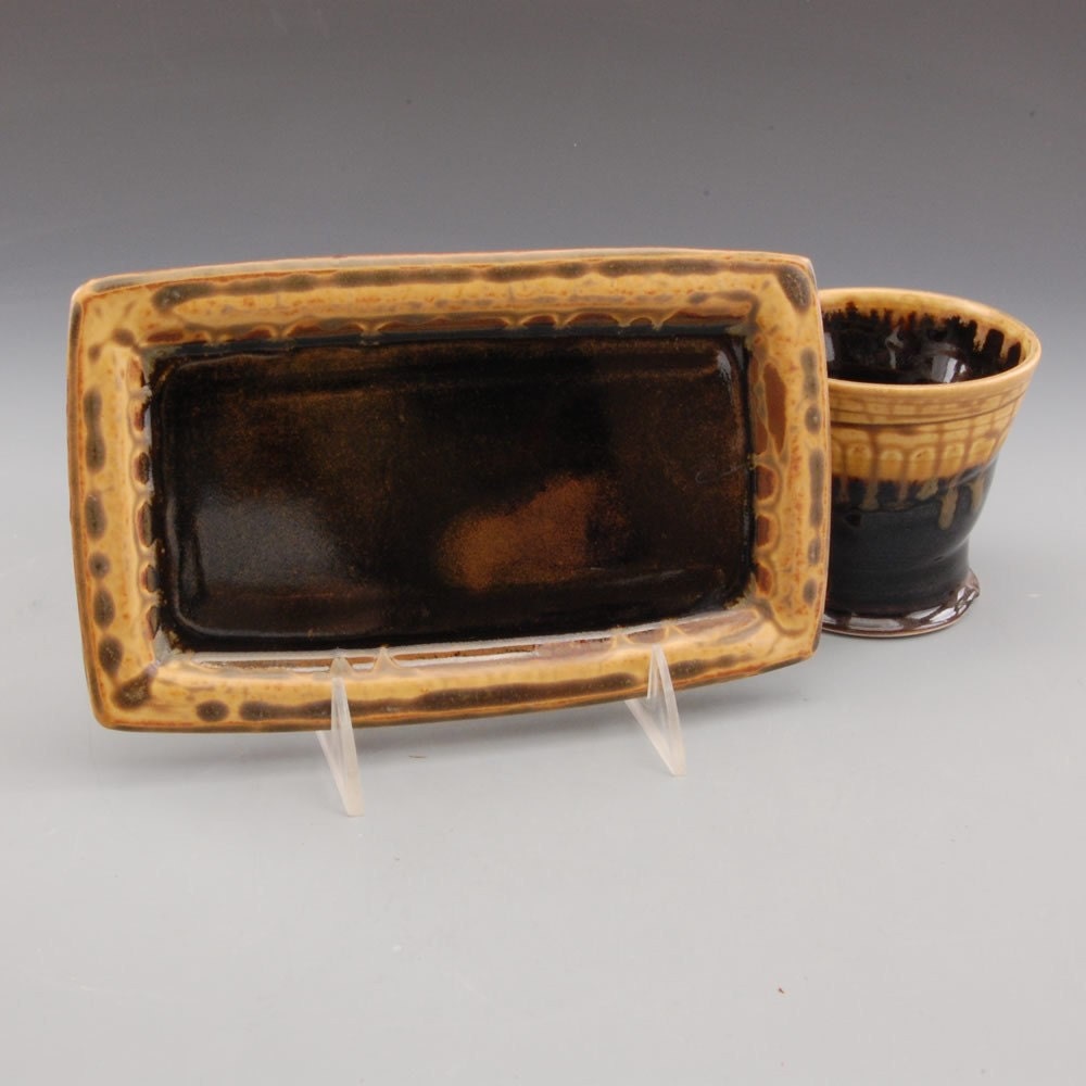 3-Piece Serving Set - Dark Brown and Golden Brown Rectangular Tray with Two (2) Tumblers