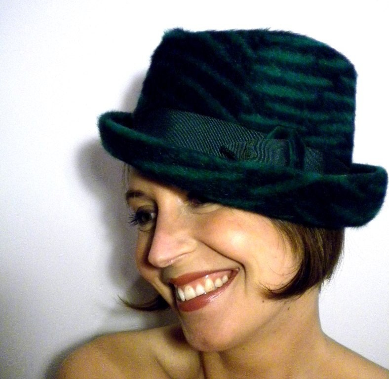 1960s Vintage Emerald Green Zebra Print Trilby Hat