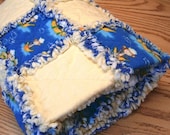 Rag Crib Quilt - Sailor Monkey Banana Boat- Boy Quilt Yellow Blue - Flannel  Quilt by SEW FUN QUILTS