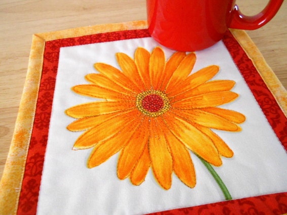 Daisy Mug Rug  - Moda Fabric - Large Coaster - Candle Mat - Yellow, Red