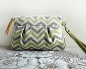 Pleated Chevron Wristlet/ Clutch// Nautical Stripe/ Pear Grey color--MADE TO ORDER--