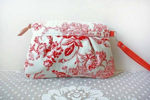 Save 10% w/ promo code--Kitt Wristlet/ Pouch/ Makeup Bag in Coral Red/Natural Toile Print--Ready to Ship--