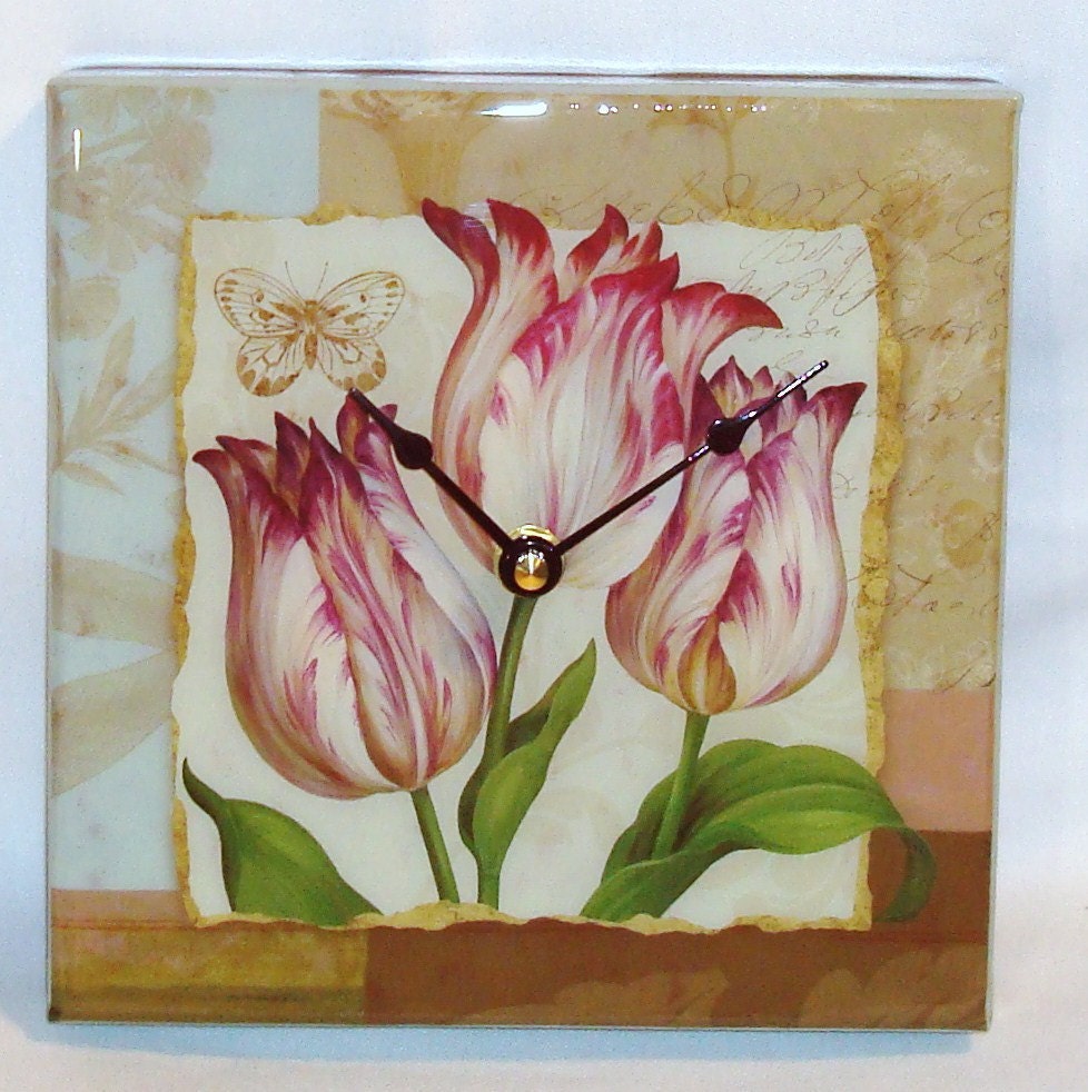 ON SALE - Tulip Butterfly Decorative Box Wall, Shelf or Dresser Clock No. 549 (6-3/4 inches)