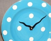 Wall Clock - Turquoise and White Polka Dot Ceramic Plate Wall Clock No. 752 (8-3/4 inches)