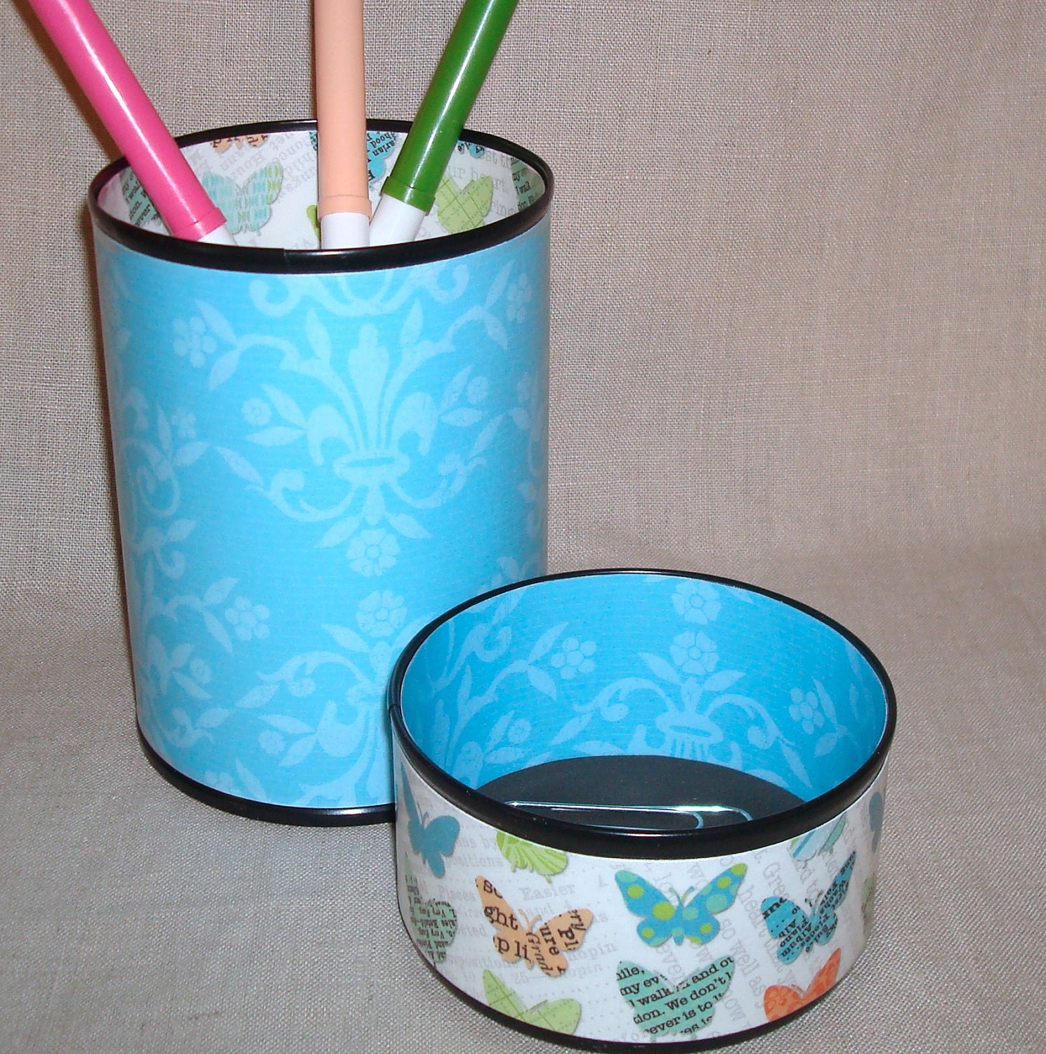 Pencil Holder Set - Turquoise Damask and Butterflies Desk Accessories No. 175