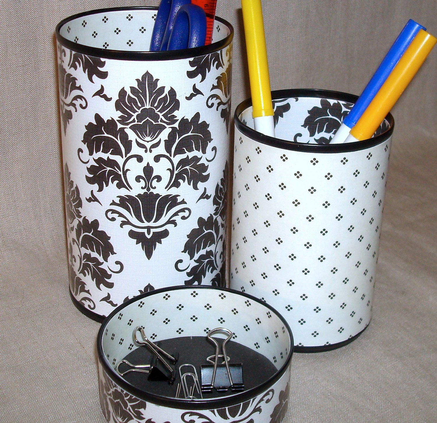 Pencil Holder Black and White Damask and Dots Decorative Can Desk Accessory Set No. 164