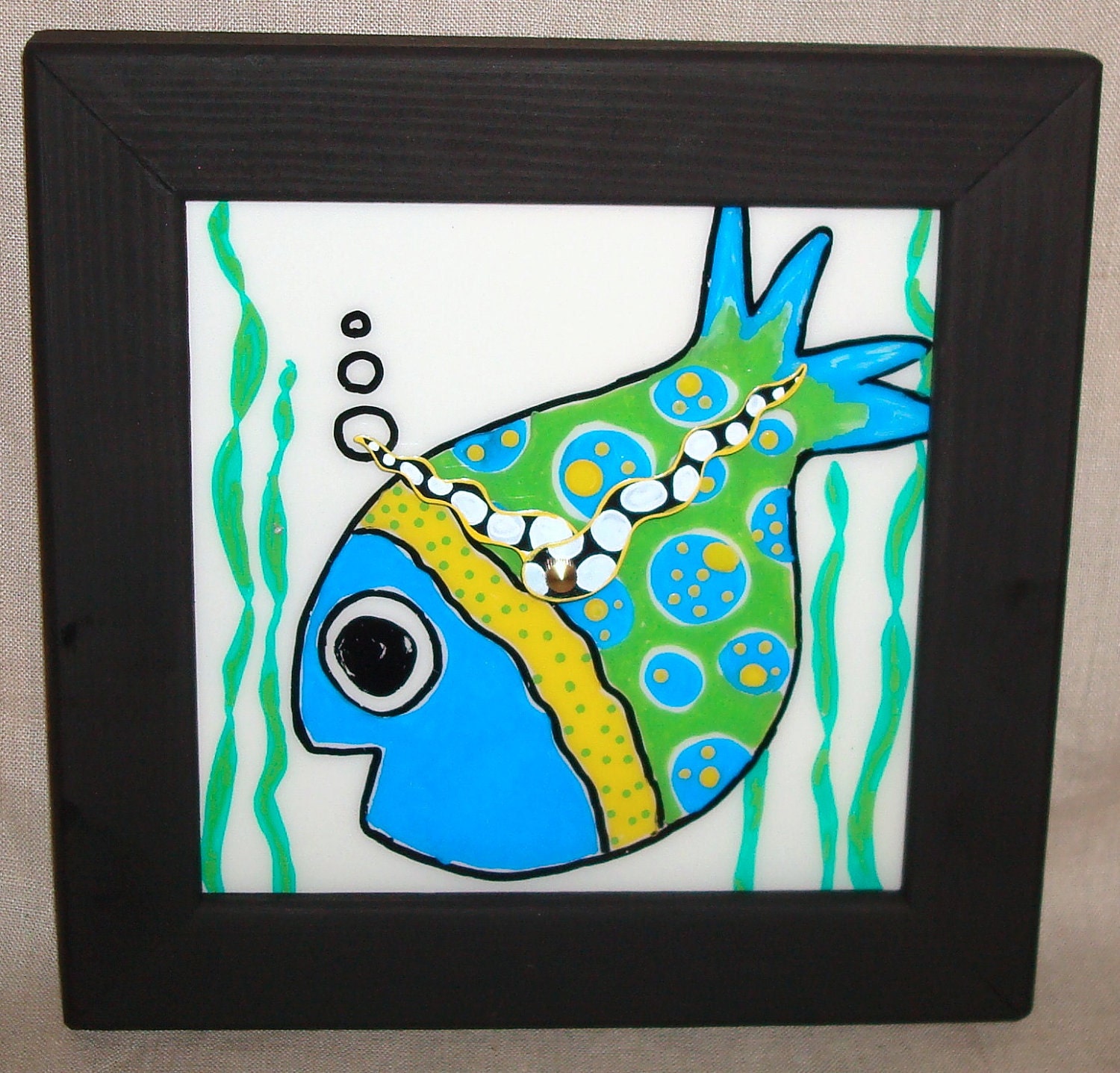 Wall Clock - Hand Painted Whimsical Funky Fish Ceramic Tile Wall Clock No. 819 (7-3/4 inches)