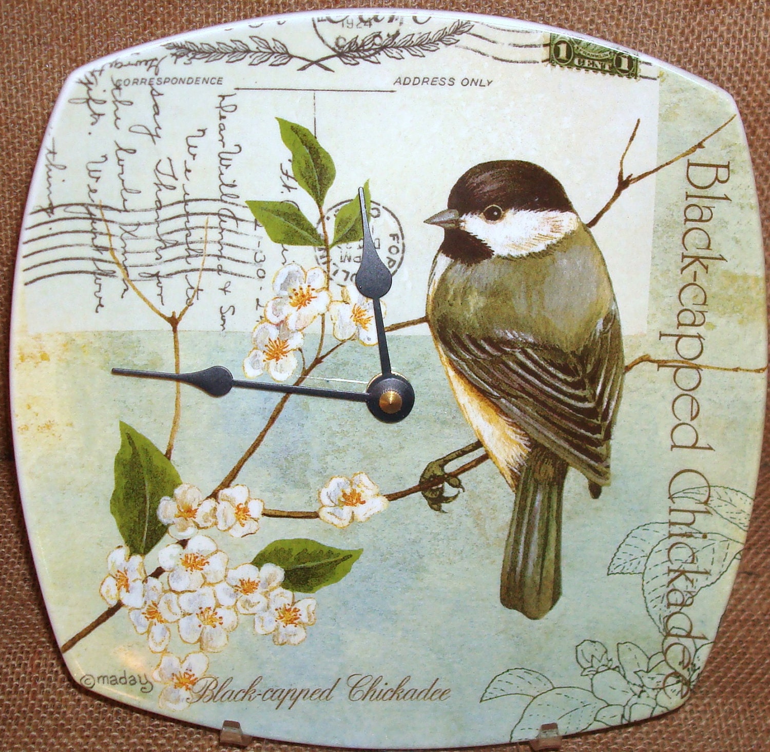Wall Clock Chickadee Bird Porcelain Plate Wall Clock No. 871 (8 inches)