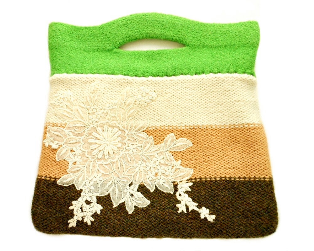 Eloise Felt Bag Purse Green Cream Brown Hand Knit Wool Silk Lace Spring