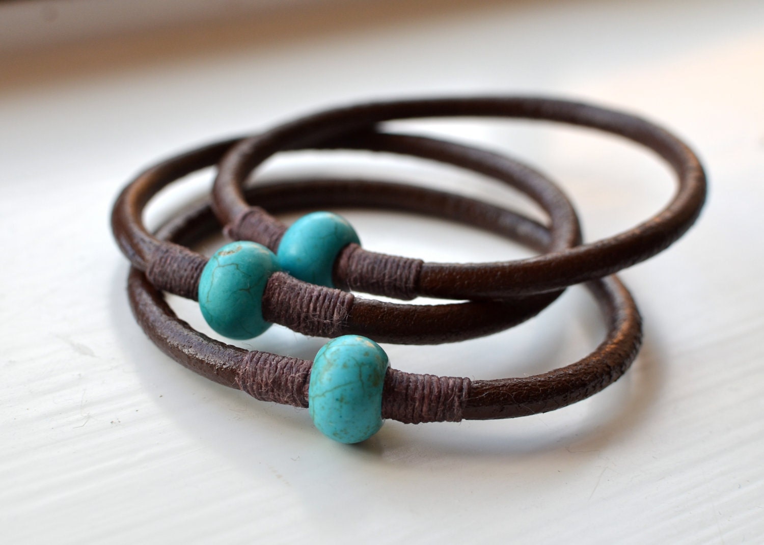 Turquoise and Chocolate Brown Leather Bangles - VerdantDesigns