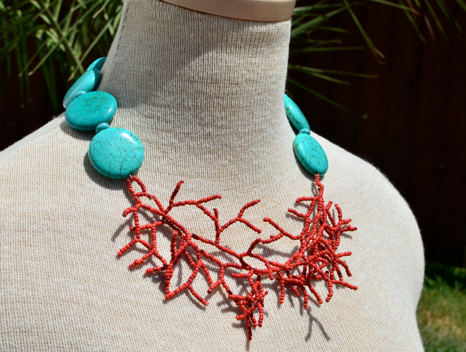 Turquoise and Coral Inspired Statement Necklace
