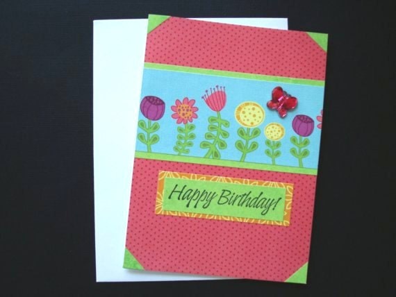 Happy Birthday Card - Handmade Blank Note Card - Spring Flowers