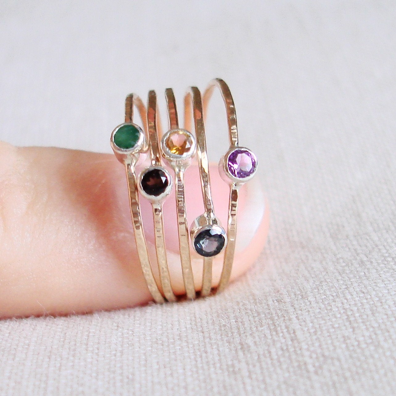Choose Stones for Five Threads of Gold and Silver - Tiny Stack Rings with Sterling Silver Set Faceted Stones - Delicate Jewelry