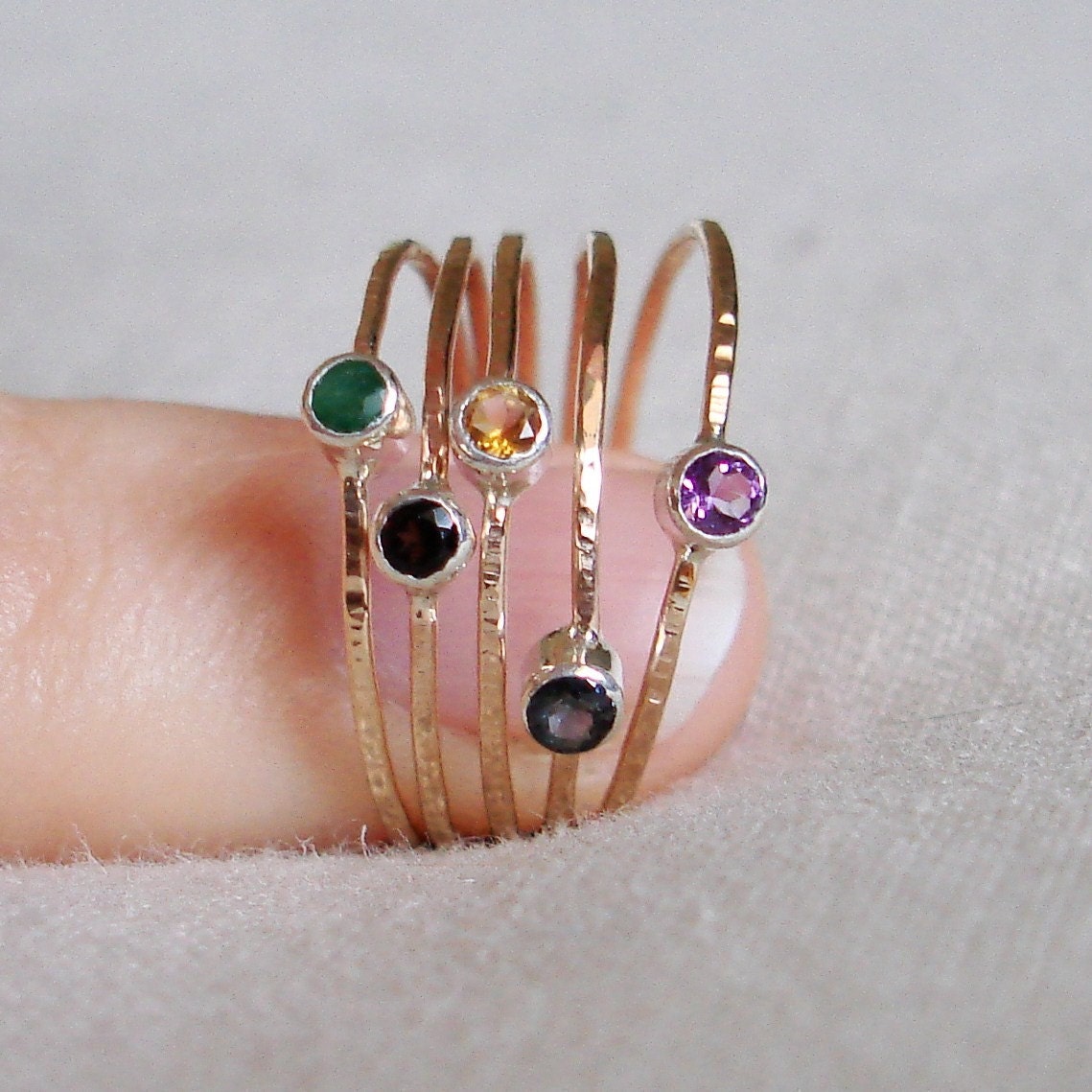 Choose Stones for Five Threads of Gold and Silver - Tiny Stack Rings with Sterling Silver Set Faceted Stones - Delicate Jewelry