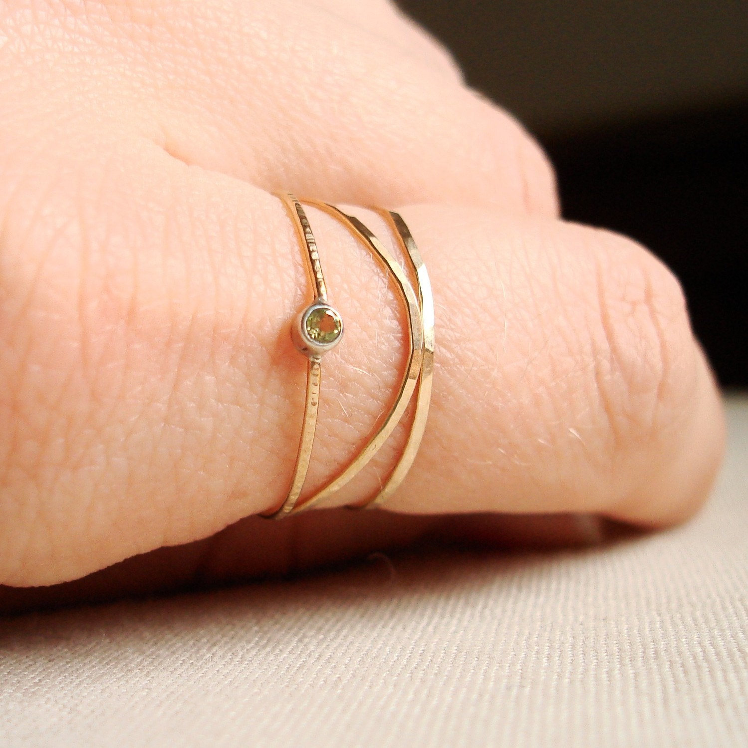 Choose Stone - Three Threads of Gold - Tiny Stack Rings - One with a Silver Set Faceted Stone - Delicate Jewelry