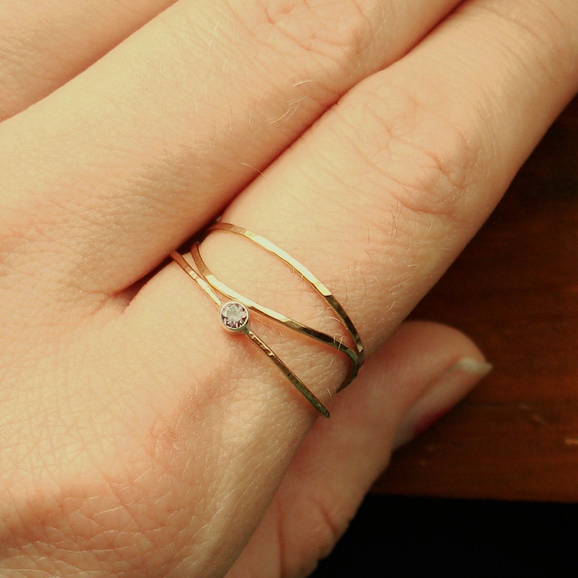 Choose Stone - Three Threads of Gold - Tiny Stack Rings - One with a Silver Set Faceted Stone - Delicate Jewelry
