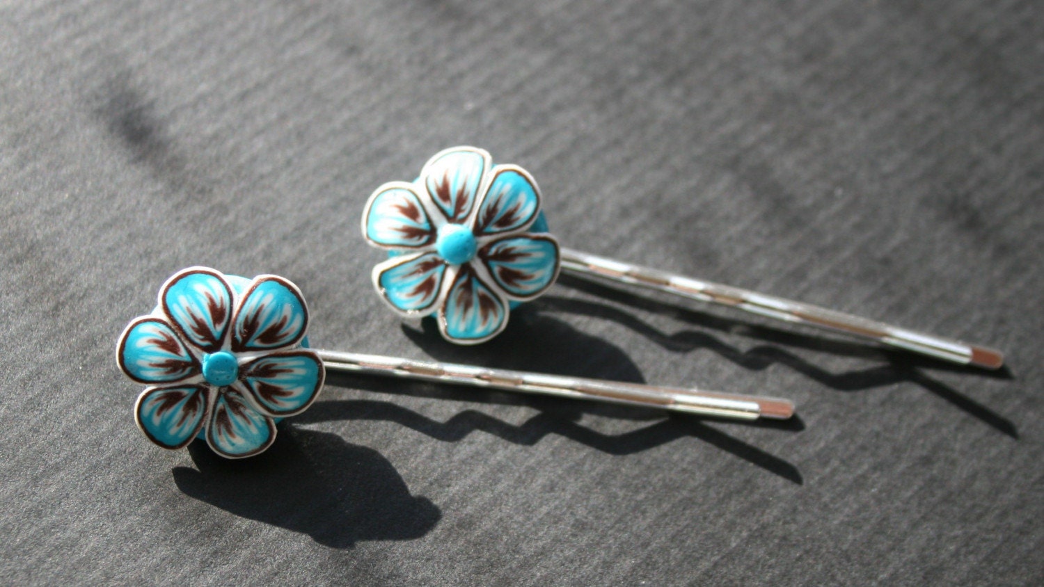 Handmade Aqua flower bobby pins polymer clay