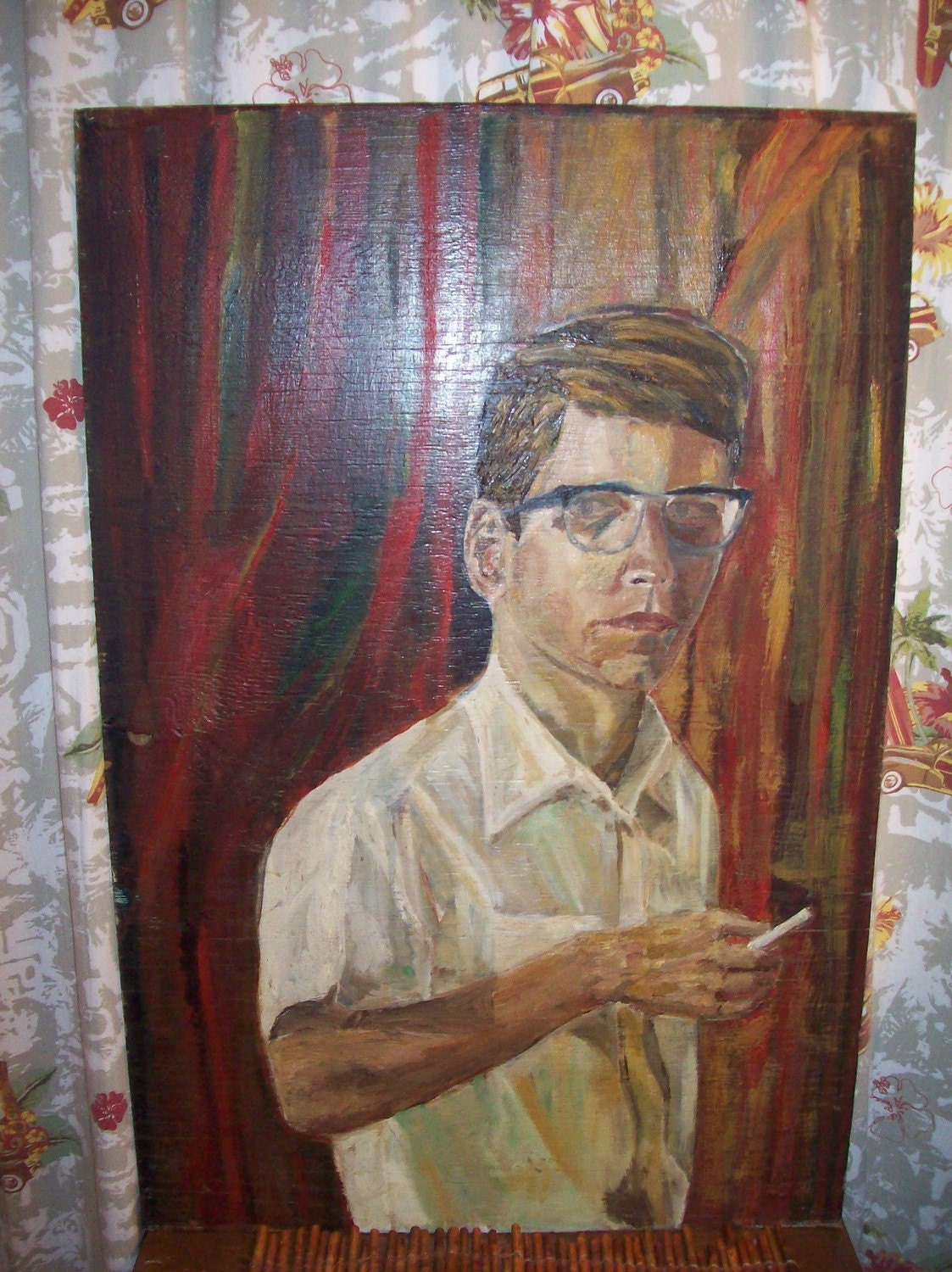 Vintage Pop Culture Man Beatnik Cigarette Painting Primitive