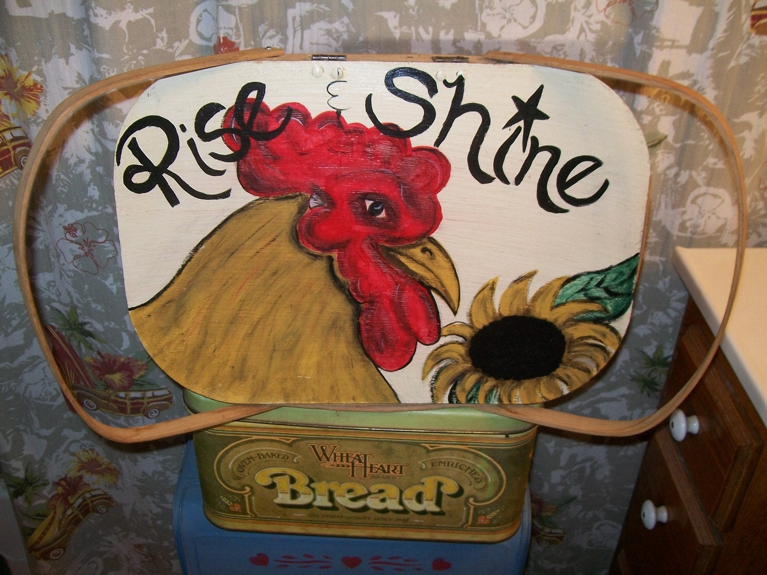 Rooster Picnic Basket Cock Hand Painted Rise and Shine vintage